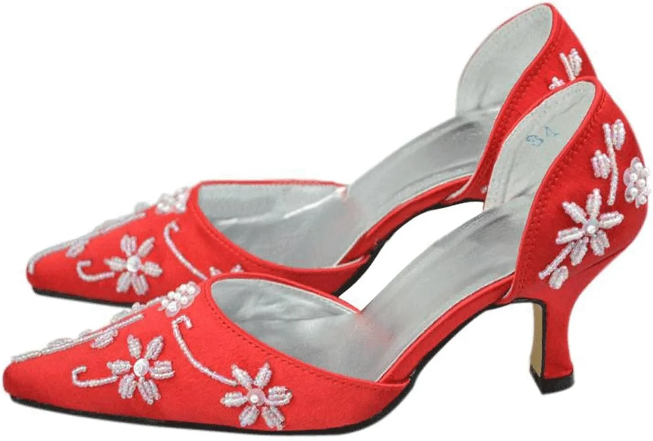 Minishion Girls Womens Beading Slip-on Satin Bridal Wedding Evening Pumps