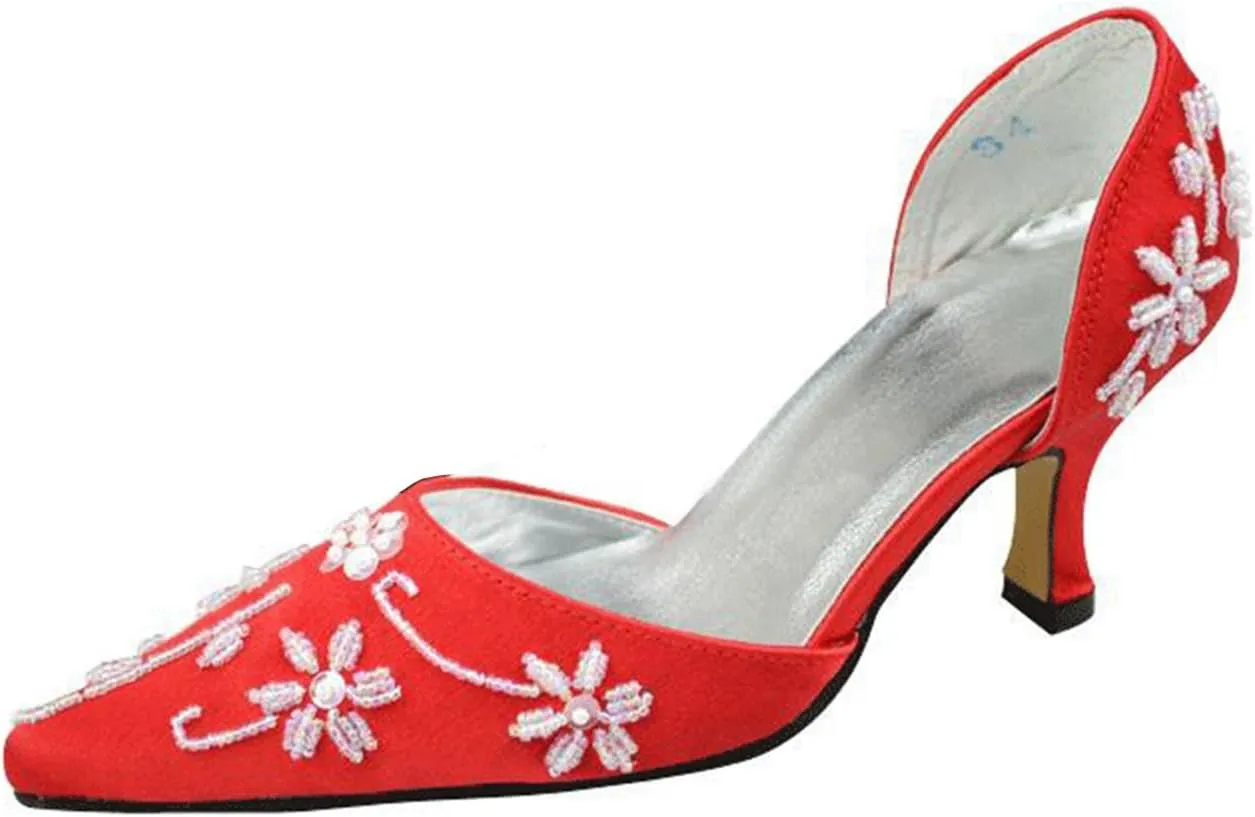 Minishion Girls Womens Beading Slip-on Satin Bridal Wedding Evening Pumps