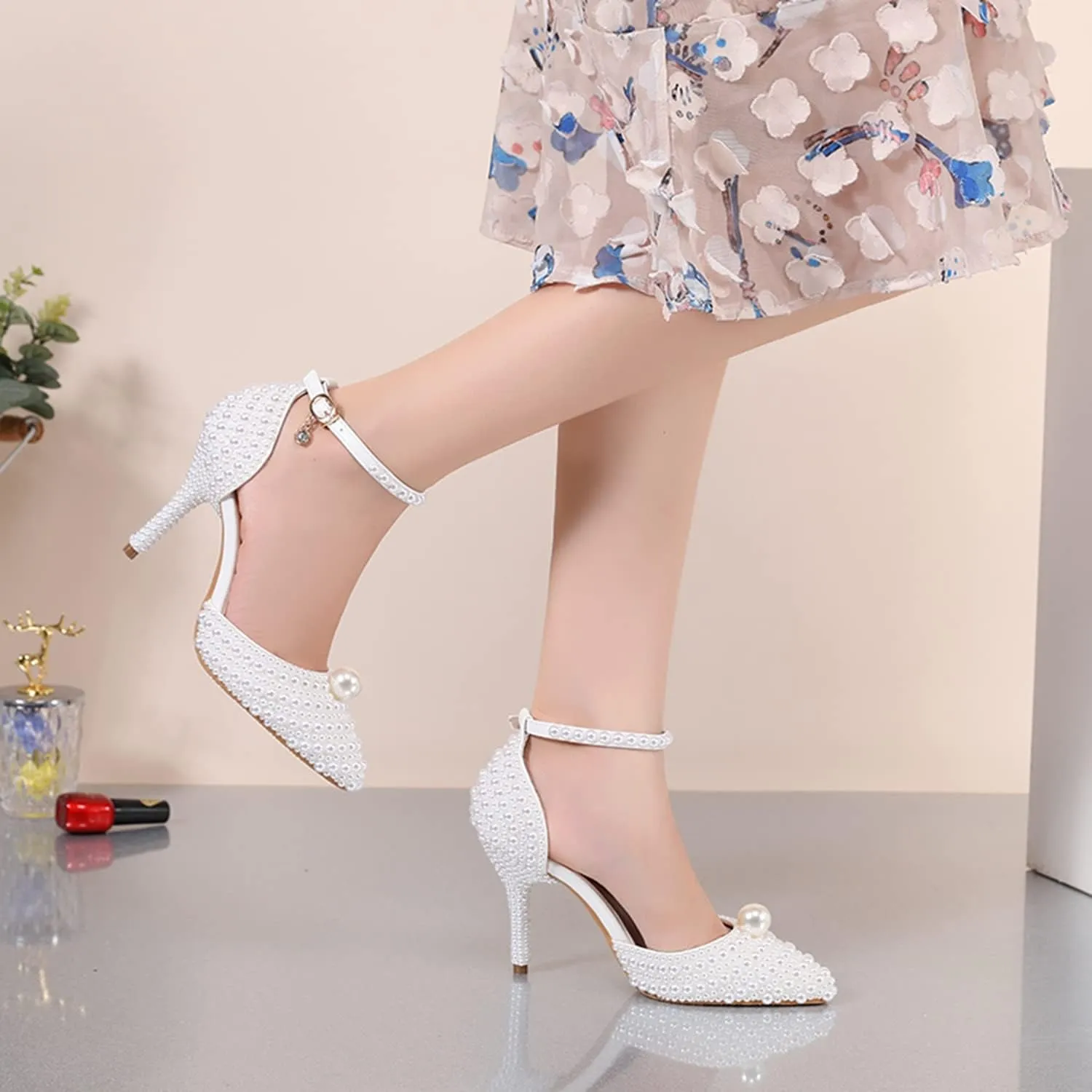 Minishion High Heel Wedding Shoes Studded Pearl Decoration Evening Pumps