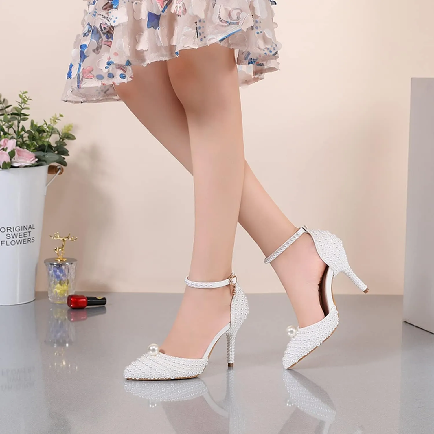 Minishion High Heel Wedding Shoes Studded Pearl Decoration Evening Pumps