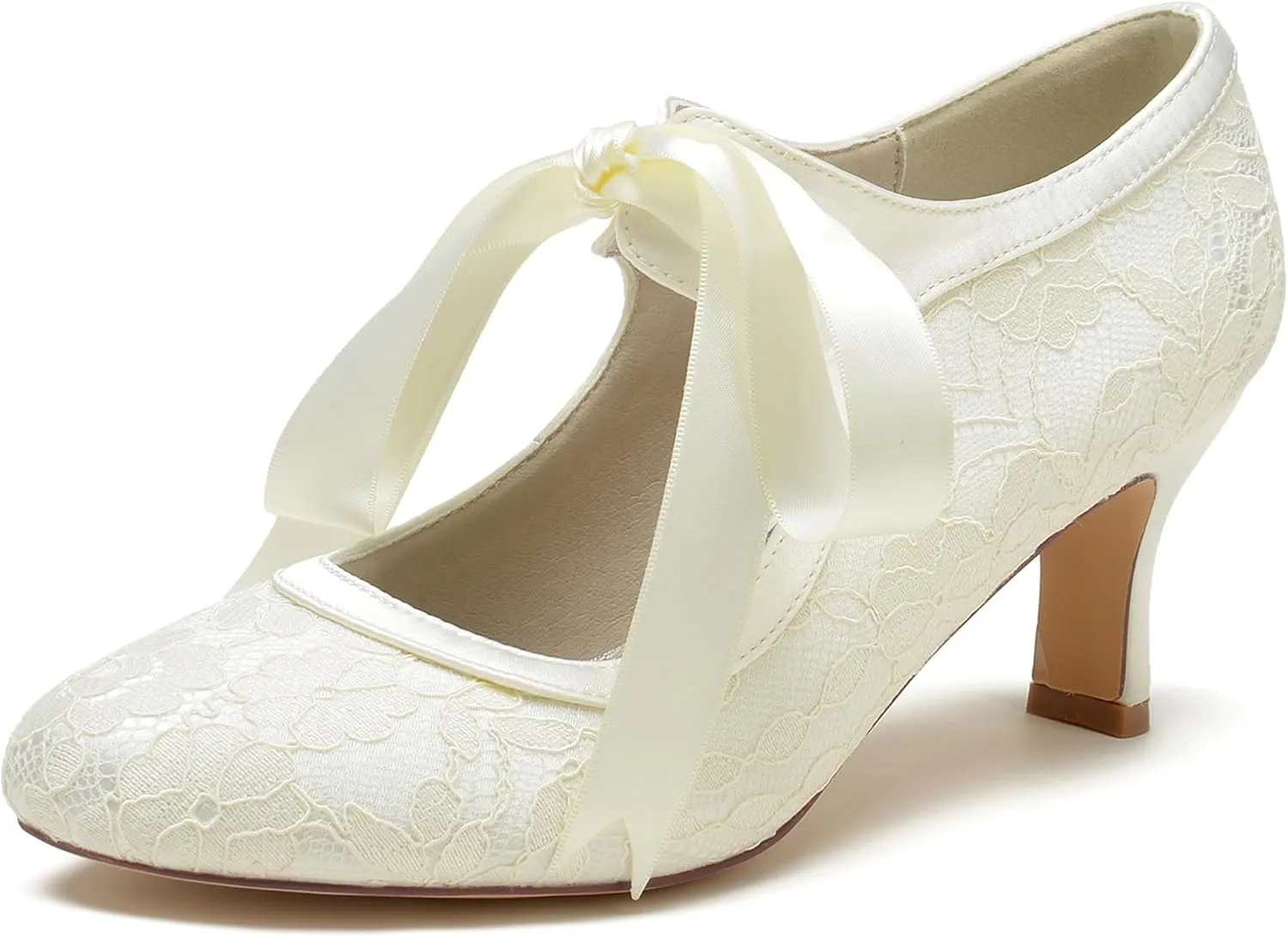Minishion Ladies Dressy Shoes for Wedding Mary Jane Round Toe Evening Formal Pumps with Ribbon BR111