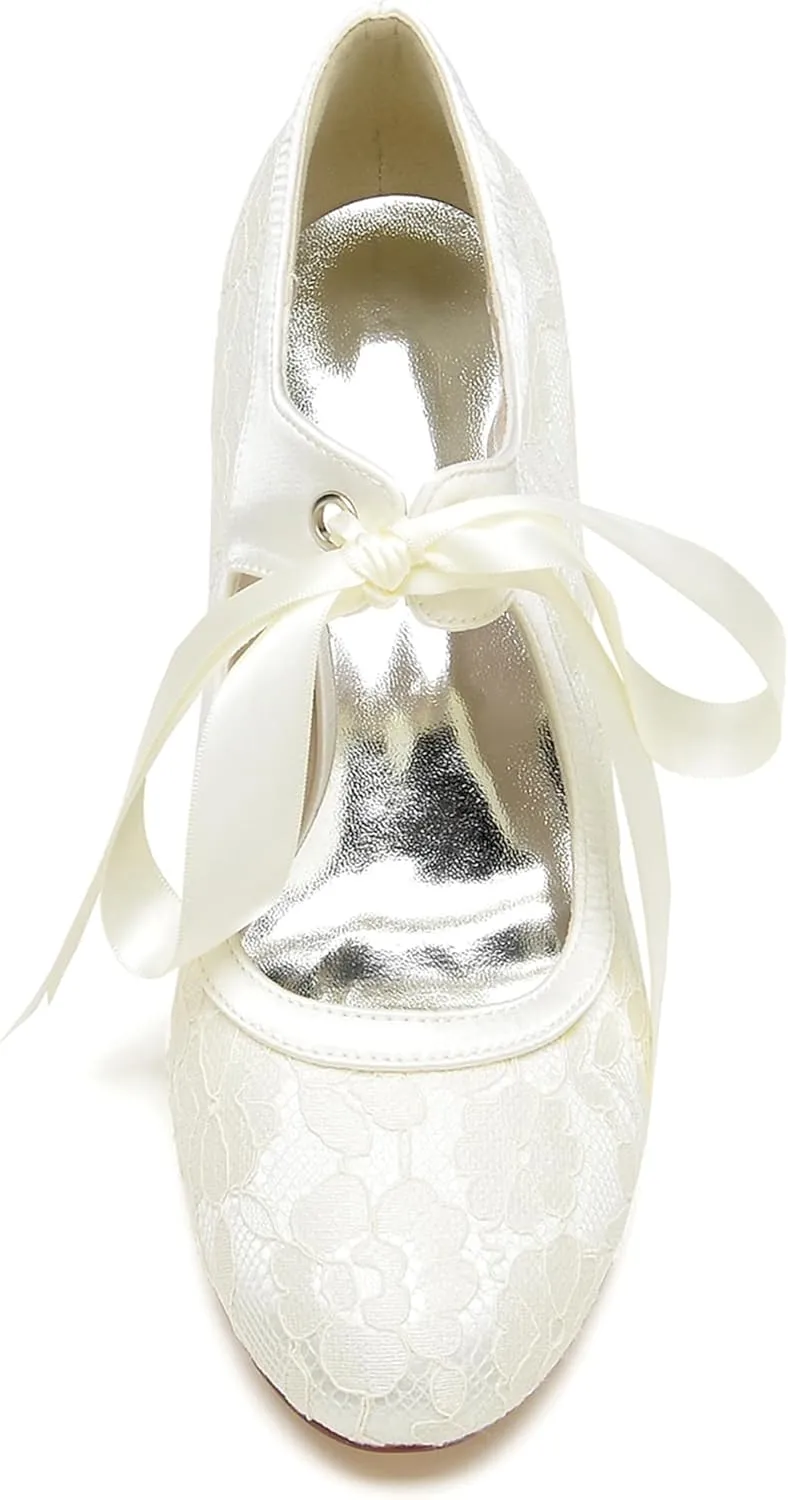 Minishion Ladies Dressy Shoes for Wedding Mary Jane Round Toe Evening Formal Pumps with Ribbon BR111