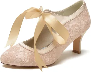 Minishion Ladies Dressy Shoes for Wedding Mary Jane Round Toe Evening Formal Pumps with Ribbon BR111