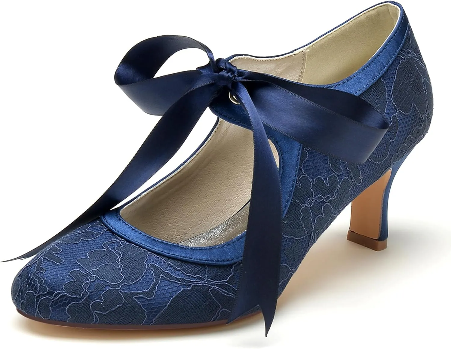 Minishion Ladies Dressy Shoes for Wedding Mary Jane Round Toe Evening Formal Pumps with Ribbon BR111
