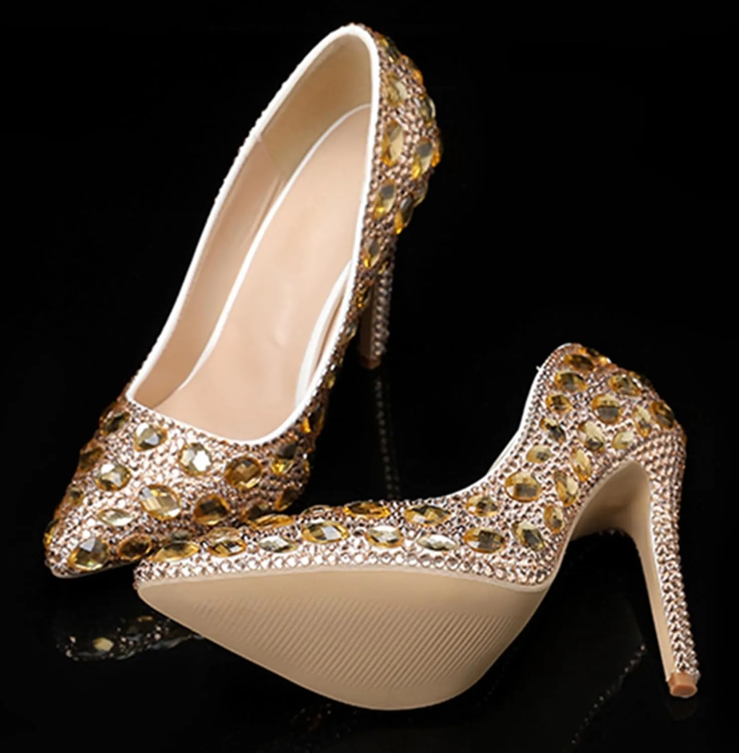 Minishion Rhinestone Wedding Shoes for Women Slip on Party Evening Pumps