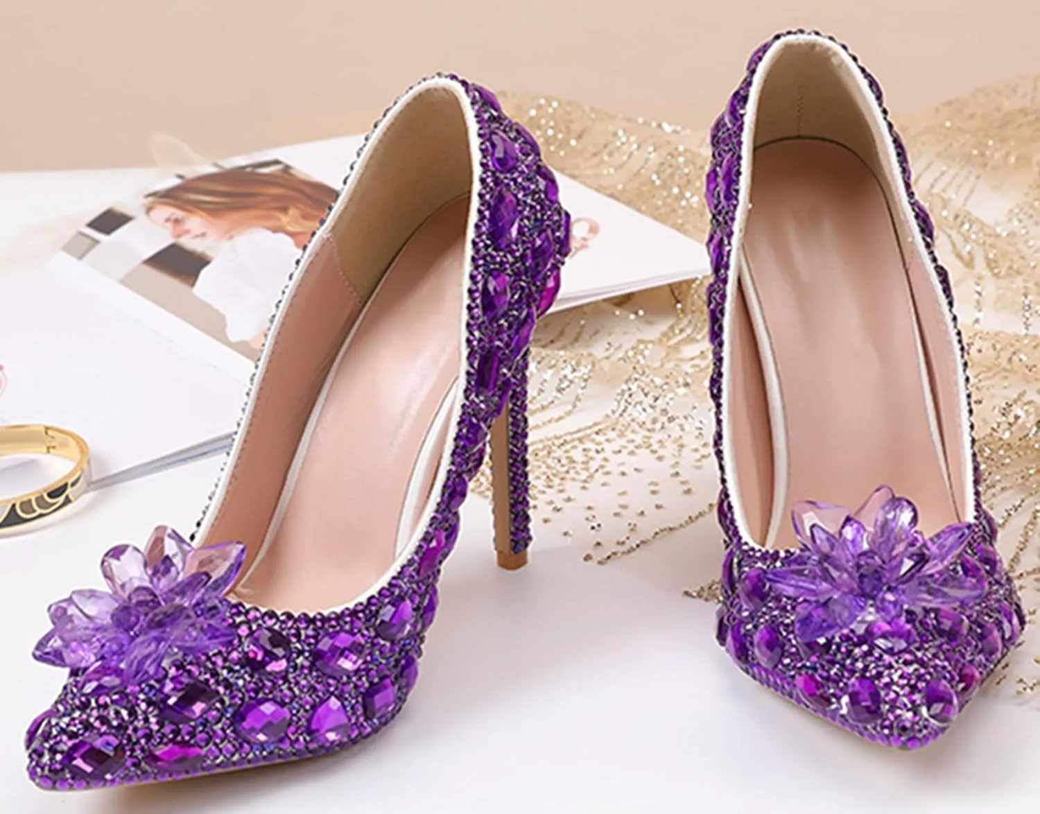 Minishion Rhinestone Wedding Shoes for Women Slip on Party Evening Pumps