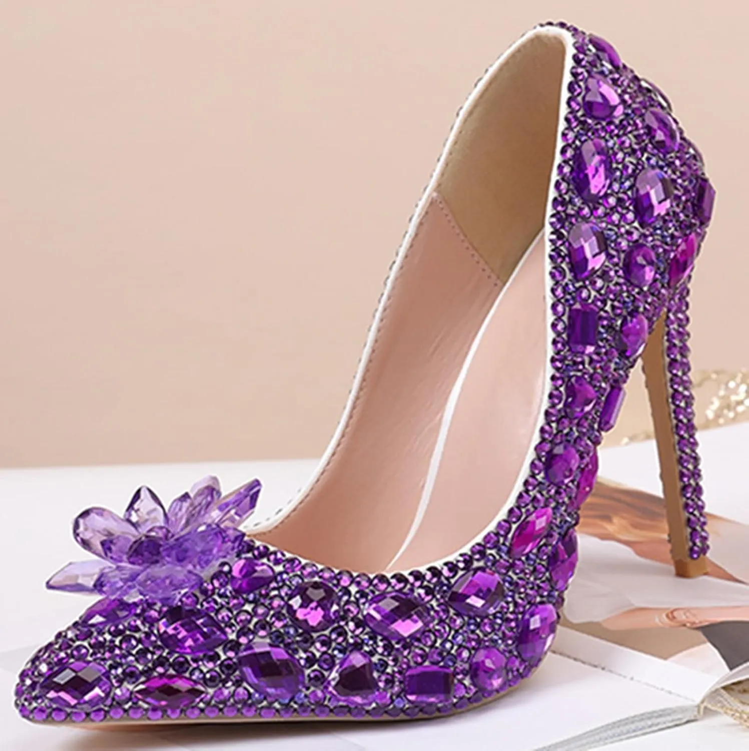 Minishion Rhinestone Wedding Shoes for Women Slip on Party Evening Pumps
