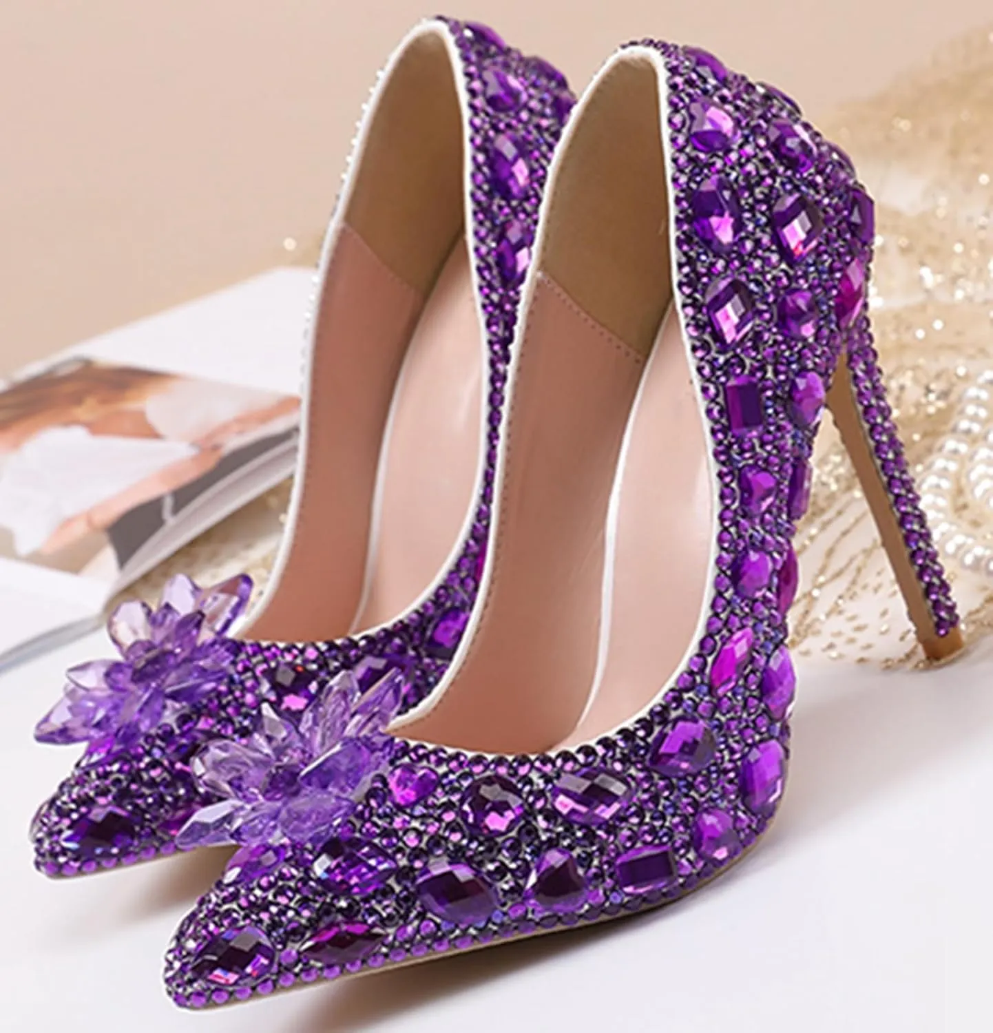 Minishion Rhinestone Wedding Shoes for Women Slip on Party Evening Pumps