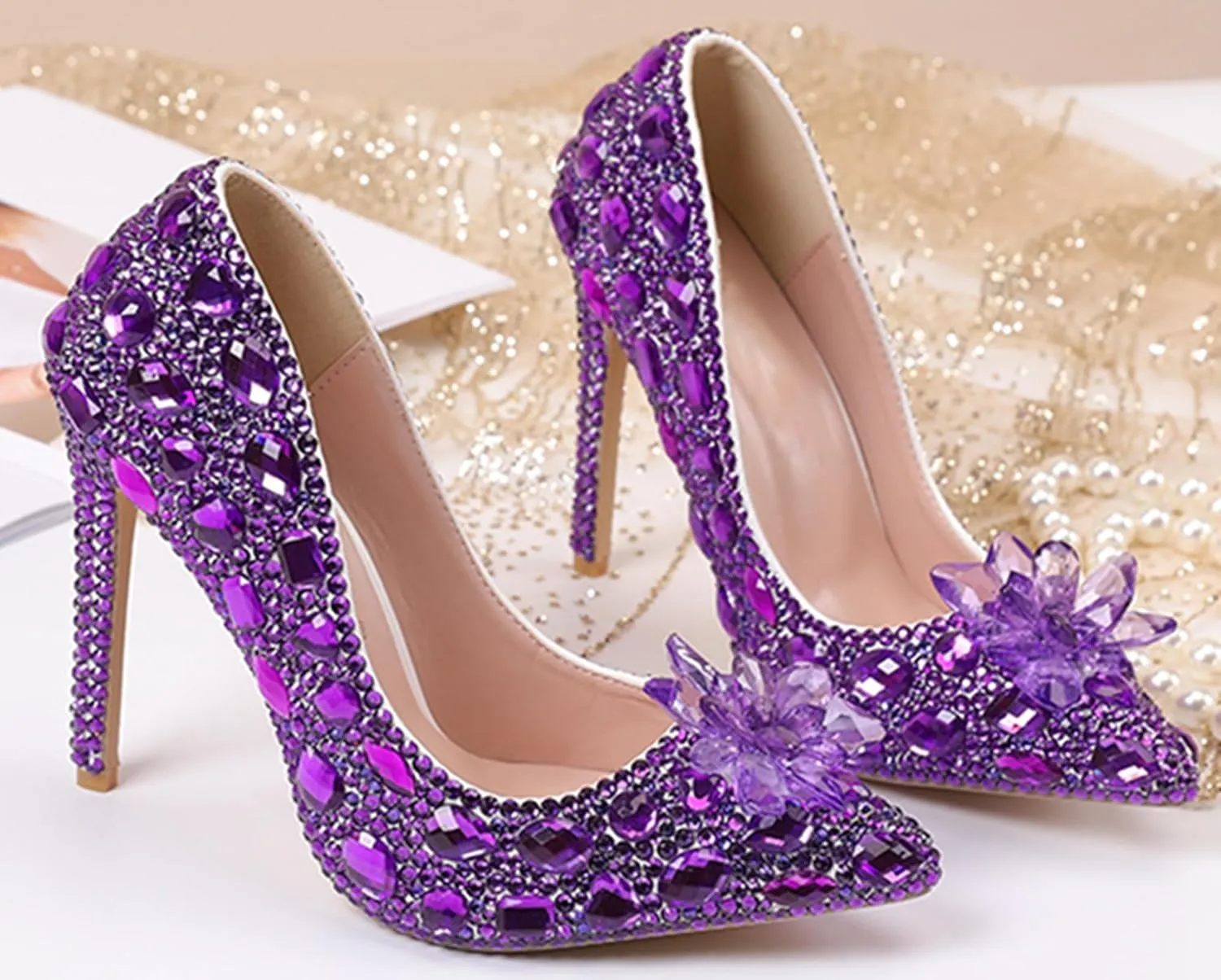Minishion Rhinestone Wedding Shoes for Women Slip on Party Evening Pumps