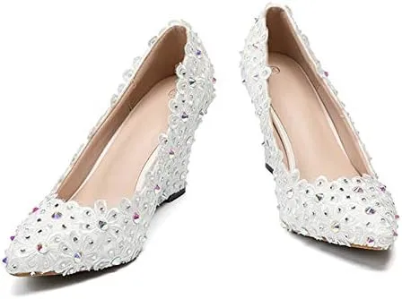 Minishion Womens Dress Wedge Shoes for Wedding Bridal Pumps with Lace Flower