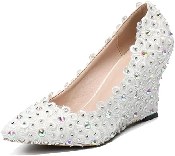 Minishion Womens Dress Wedge Shoes for Wedding Bridal Pumps with Lace Flower