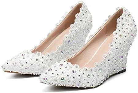 Minishion Womens Dress Wedge Shoes for Wedding Bridal Pumps with Lace Flower