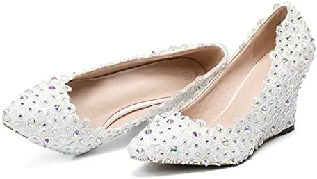 Minishion Womens Dress Wedge Shoes for Wedding Bridal Pumps with Lace Flower