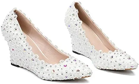 Minishion Womens Dress Wedge Shoes for Wedding Bridal Pumps with Lace Flower