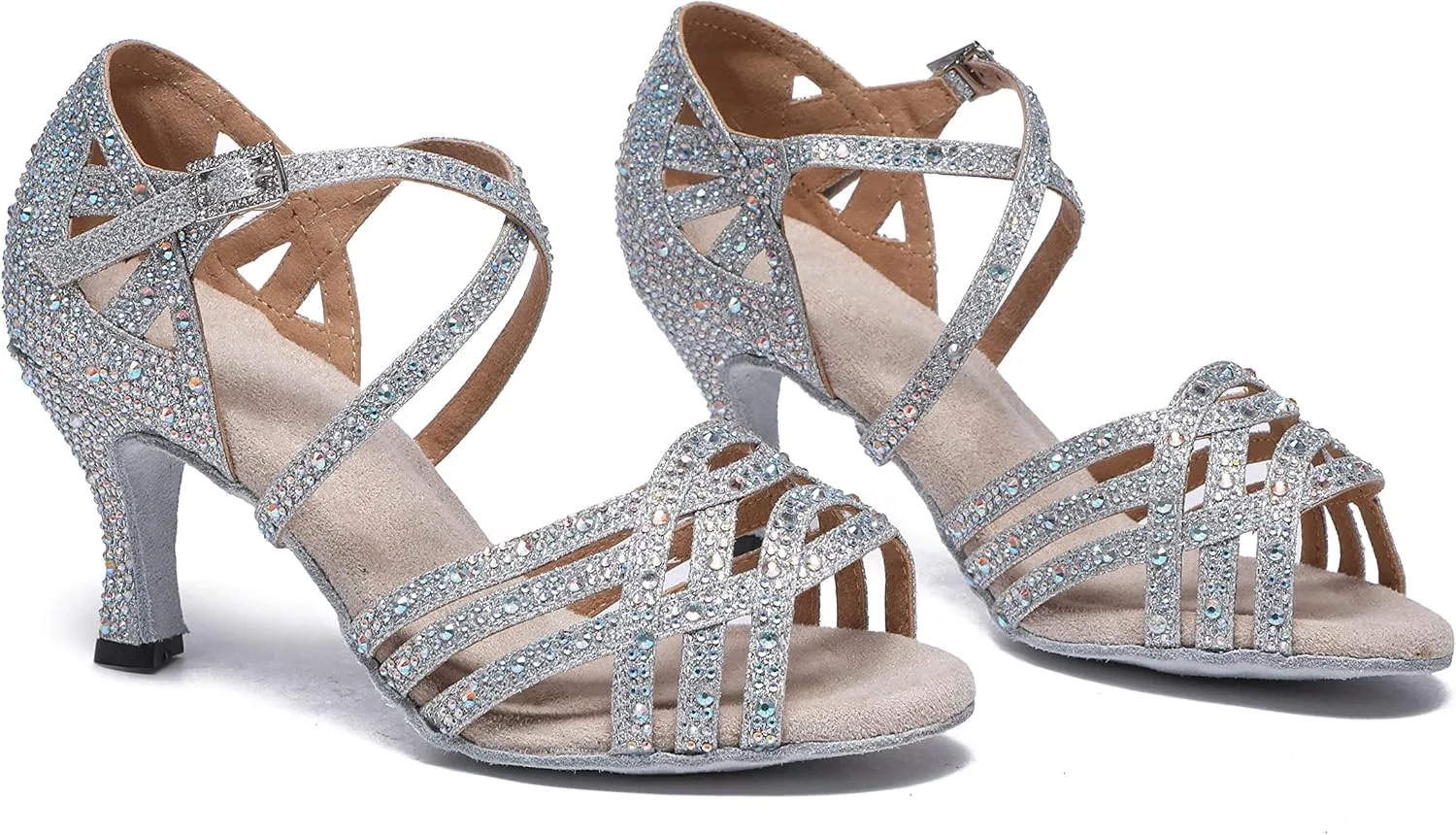 Minishion Women's Rhinestone Dance Shoes Ankle Strap Latin Salsa Dancing Heels