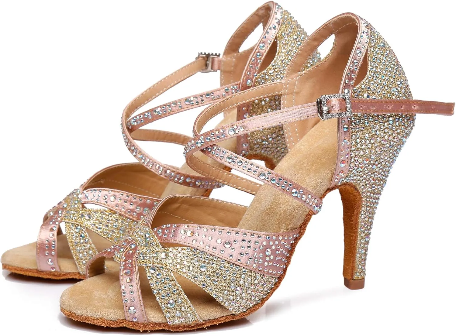Minishion Women's Rhinestone Dance Shoes Ankle Strap Latin Salsa Dancing Heels