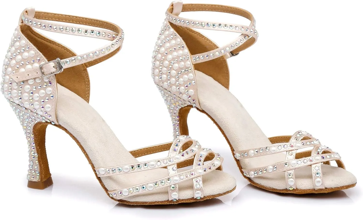 Minishion Women's Rhinestone Dance Shoes Ankle Strap Latin Salsa Dancing Heels