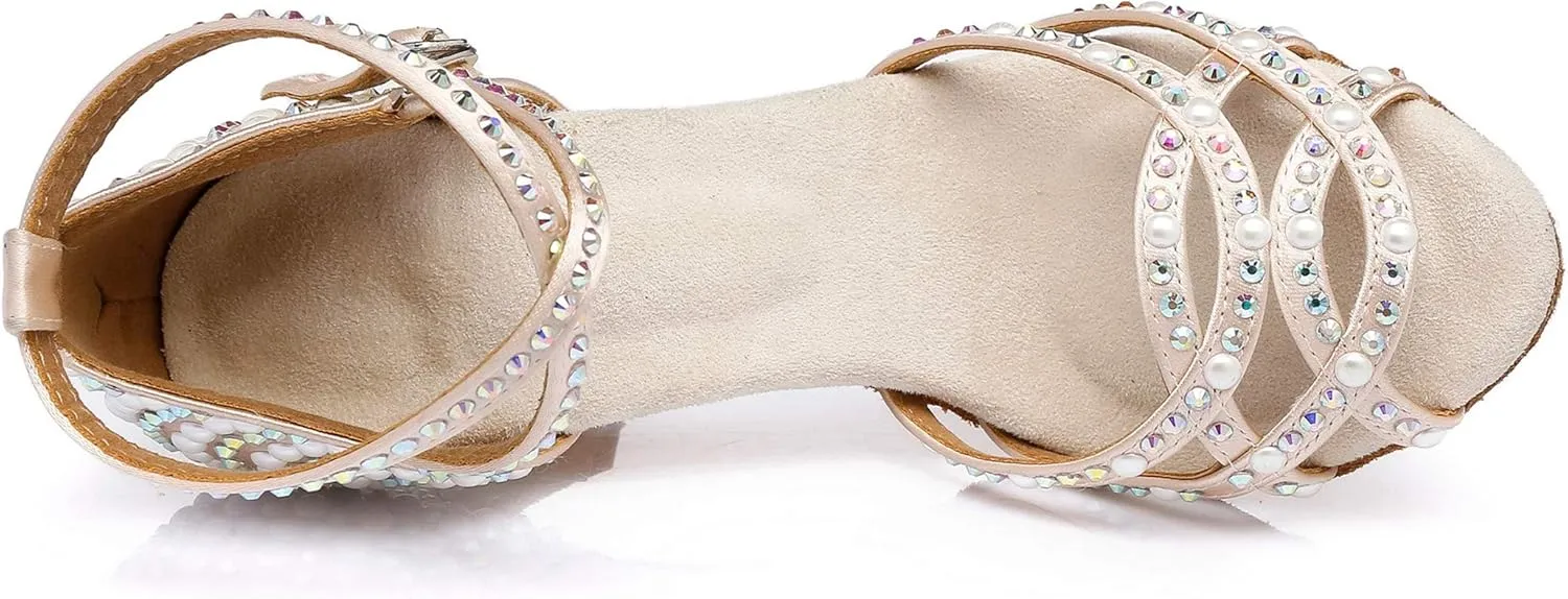 Minishion Women's Rhinestone Dance Shoes Ankle Strap Latin Salsa Dancing Heels