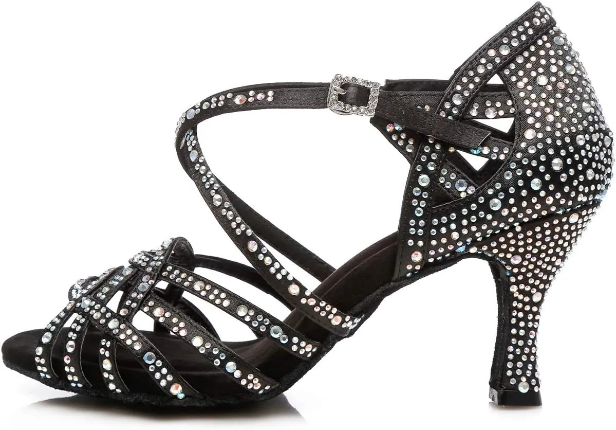 Minishion Women's Rhinestone Dance Shoes Ankle Strap Latin Salsa Dancing Heels