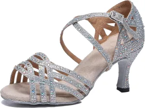 Minishion Women's Rhinestone Dance Shoes Ankle Strap Latin Salsa Dancing Heels