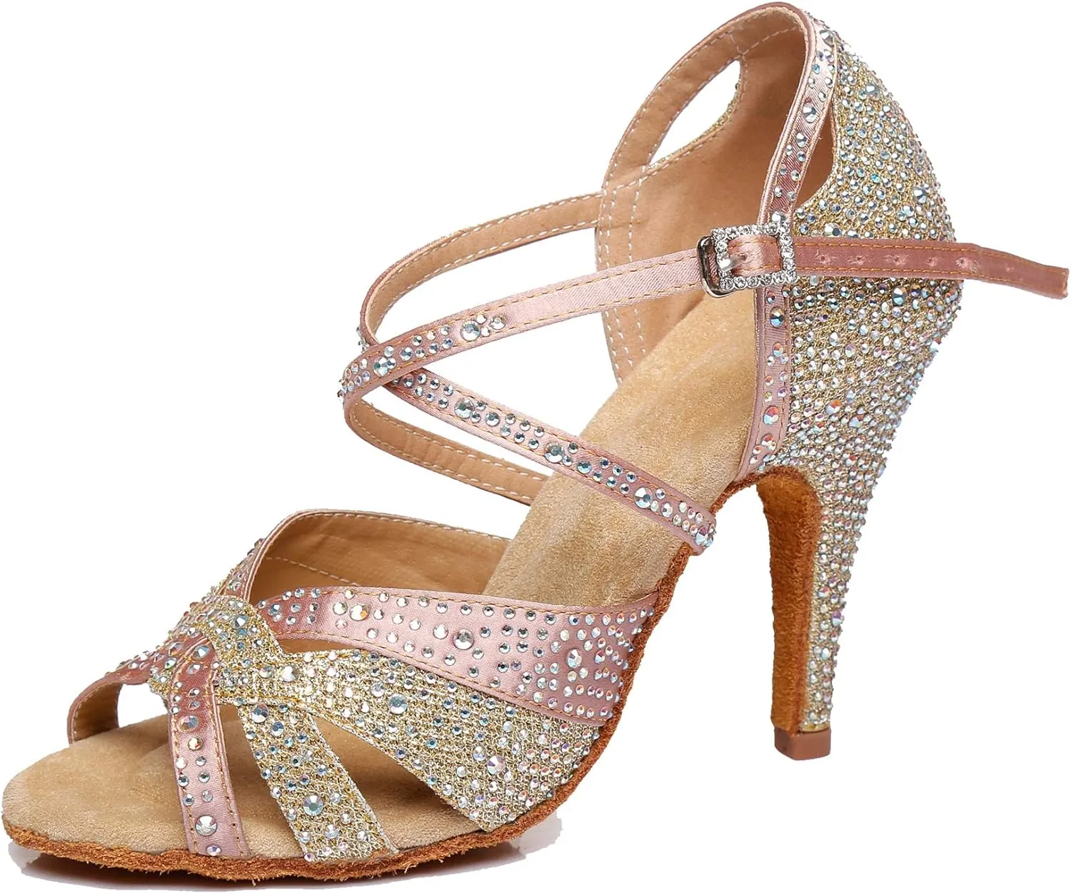 Minishion Women's Rhinestone Dance Shoes Ankle Strap Latin Salsa Dancing Heels