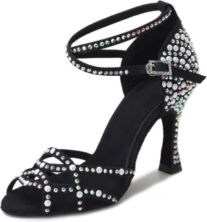 Minishion Women's Rhinestone Dance Shoes Ankle Strap Latin Salsa Dancing Heels