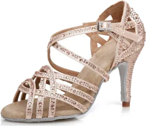 Minishion Women's Rhinestone Dance Shoes Ankle Strap Latin Salsa Dancing Heels