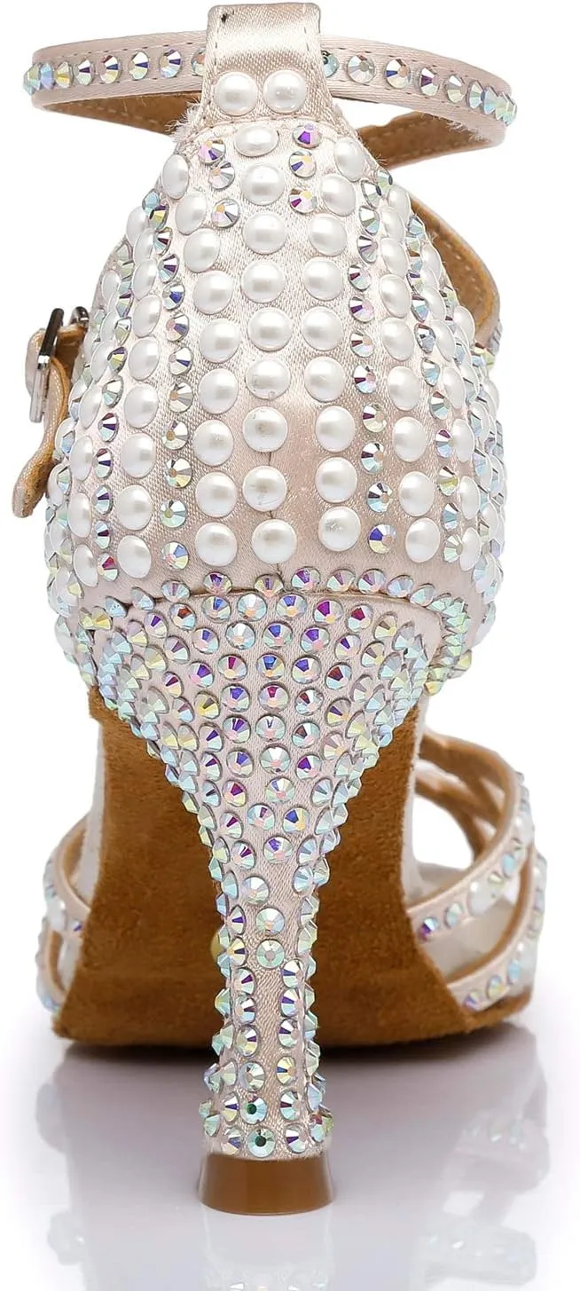 Minishion Women's Rhinestone Dance Shoes Ankle Strap Latin Salsa Dancing Heels