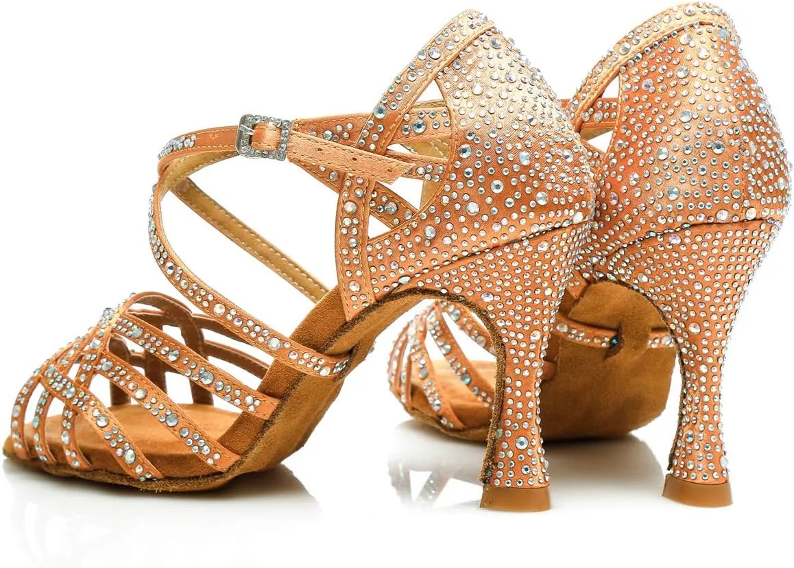 Minishion Women's Rhinestone Dance Shoes Ankle Strap Latin Salsa Dancing Heels