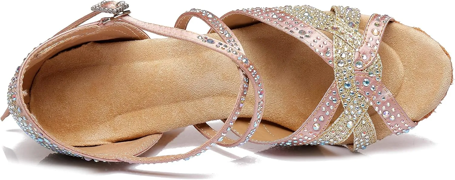 Minishion Women's Rhinestone Dance Shoes Ankle Strap Latin Salsa Dancing Heels