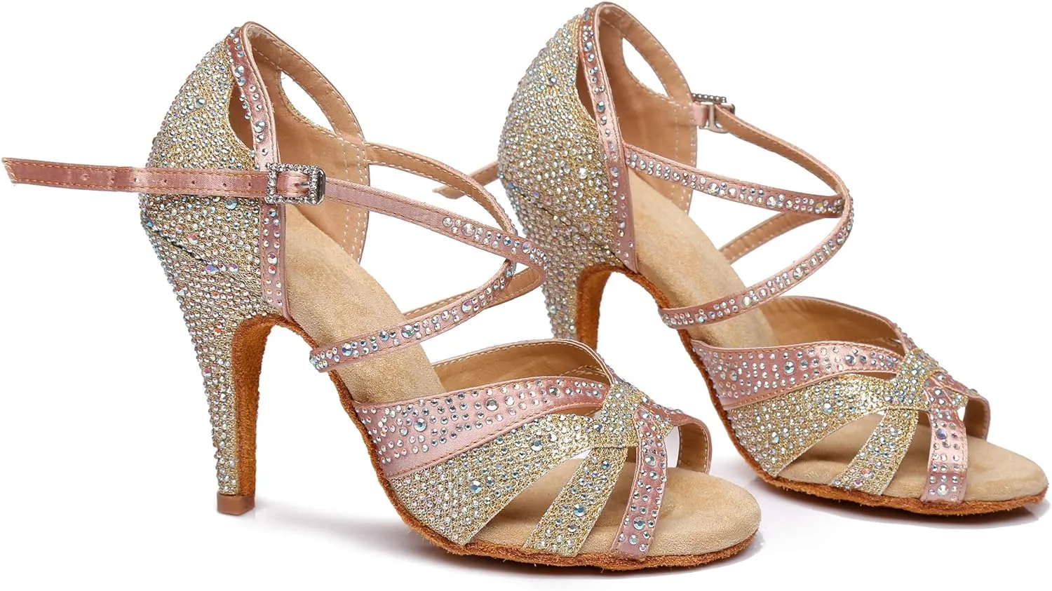 Minishion Women's Rhinestone Dance Shoes Ankle Strap Latin Salsa Dancing Heels