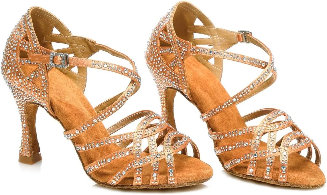Minishion Women's Rhinestone Dance Shoes Ankle Strap Latin Salsa Dancing Heels