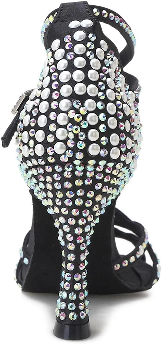 Minishion Women's Rhinestone Dance Shoes Ankle Strap Latin Salsa Dancing Heels