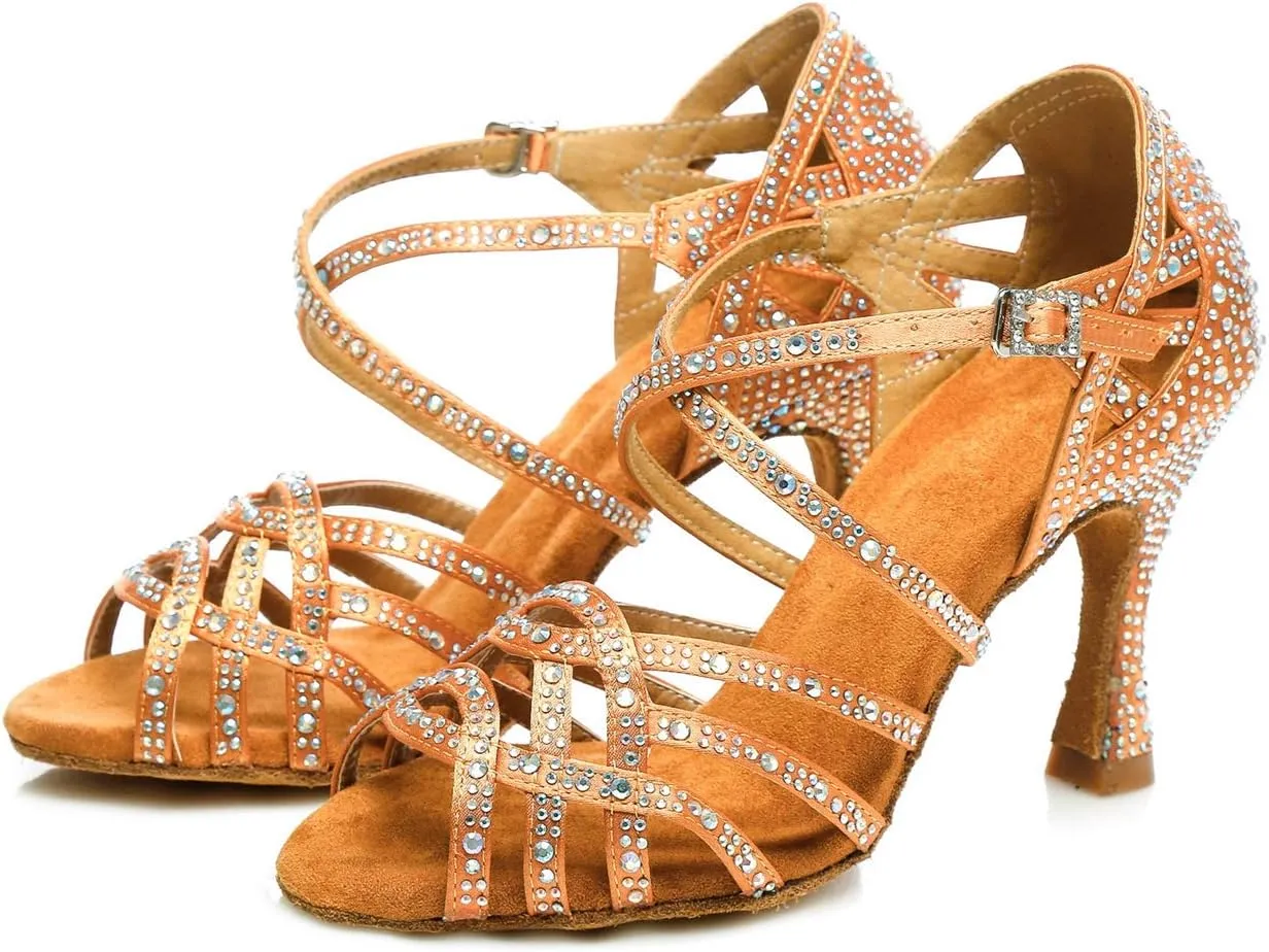 Minishion Women's Rhinestone Dance Shoes Ankle Strap Latin Salsa Dancing Heels