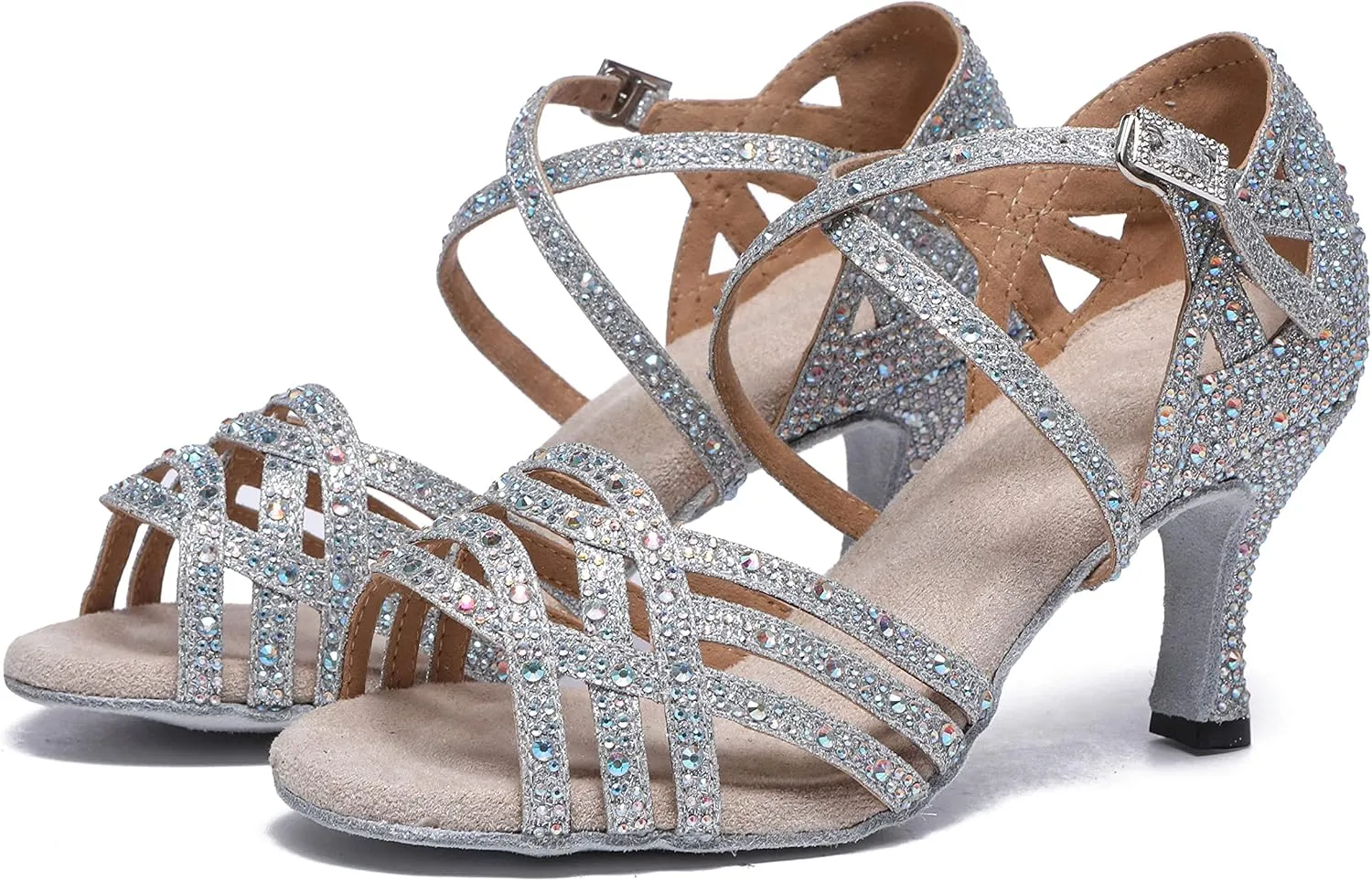 Minishion Women's Rhinestone Dance Shoes Ankle Strap Latin Salsa Dancing Heels