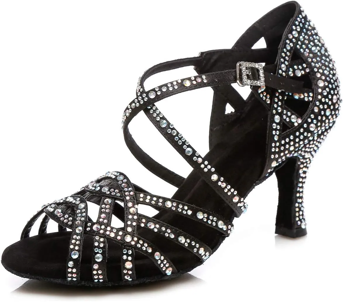 Minishion Women's Rhinestone Dance Shoes Ankle Strap Latin Salsa Dancing Heels