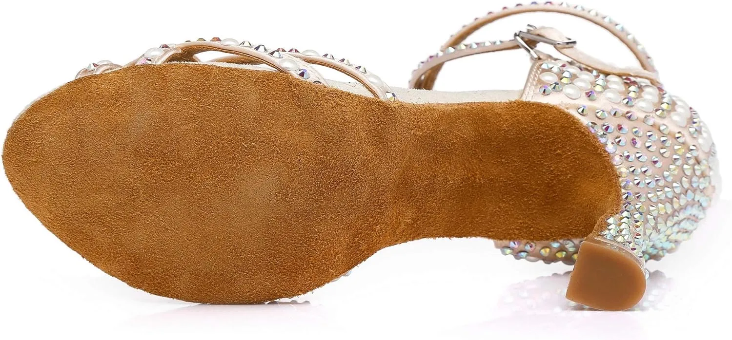 Minishion Women's Rhinestone Dance Shoes Ankle Strap Latin Salsa Dancing Heels