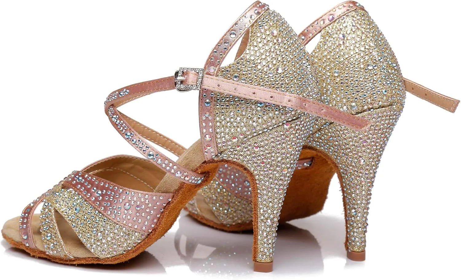 Minishion Women's Rhinestone Dance Shoes Ankle Strap Latin Salsa Dancing Heels