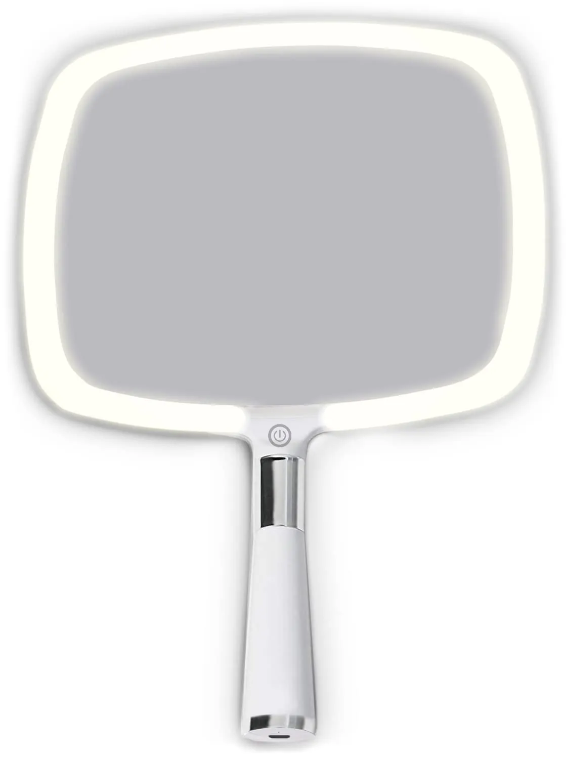 MIRRORVANA® Lighted Travel Hand Mirror with Comfy Handle and Detachable Stand - Portable, Thin and Lightweight Design - Rechargeable with 3 LED Light Settings - 9" x 13" (White)