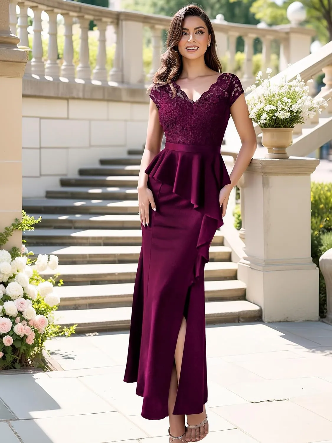 MISSMAY Women's Elegant Floral Lace Ruffle Split Cocktail Party Long Dress