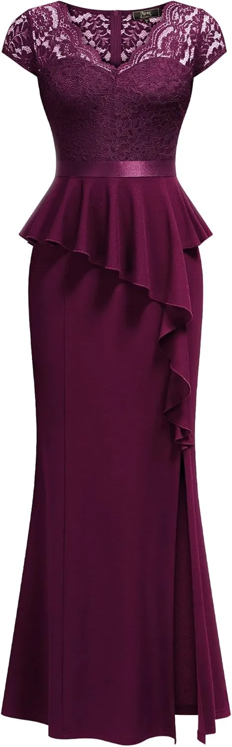 MISSMAY Women's Elegant Floral Lace Ruffle Split Cocktail Party Long Dress
