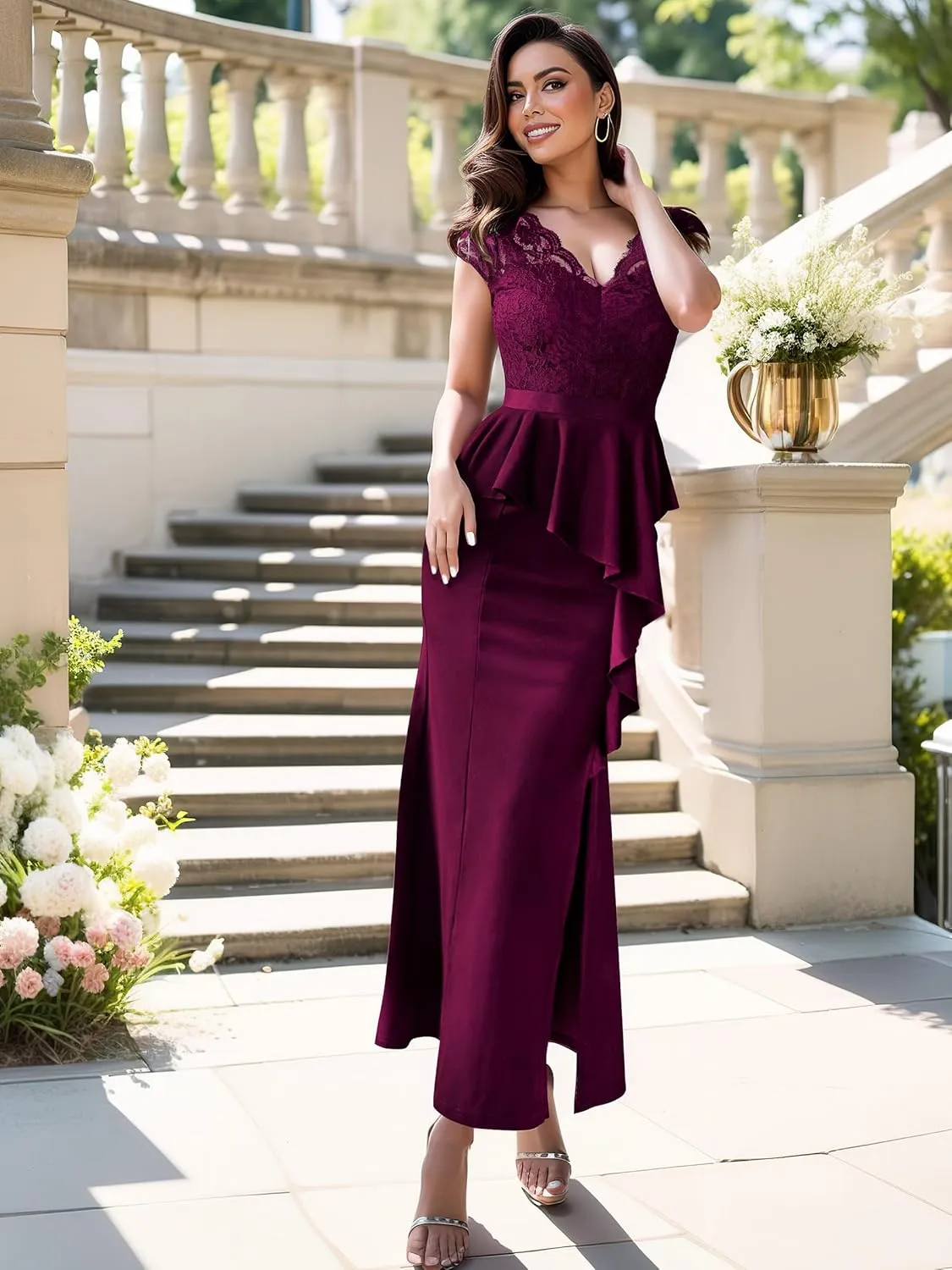MISSMAY Women's Elegant Floral Lace Ruffle Split Cocktail Party Long Dress
