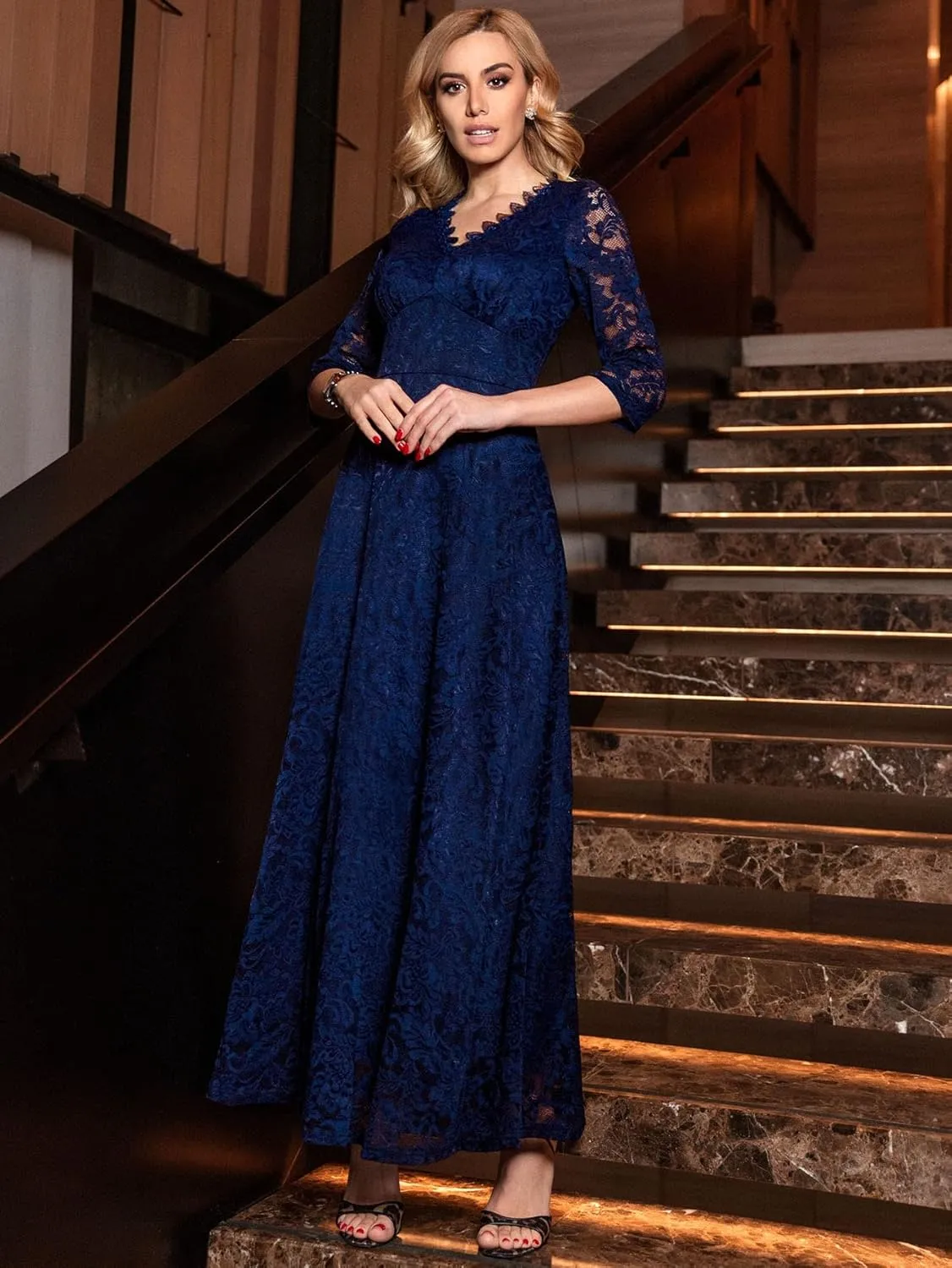 MISSMAY Women's Formal Floral Lace 2/3 Sleeves Bridesmaid Party Maxi Dress