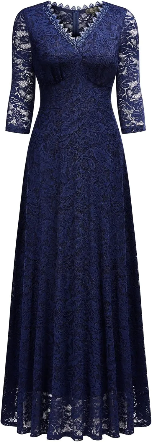 MISSMAY Women's Formal Floral Lace 2/3 Sleeves Bridesmaid Party Maxi Dress