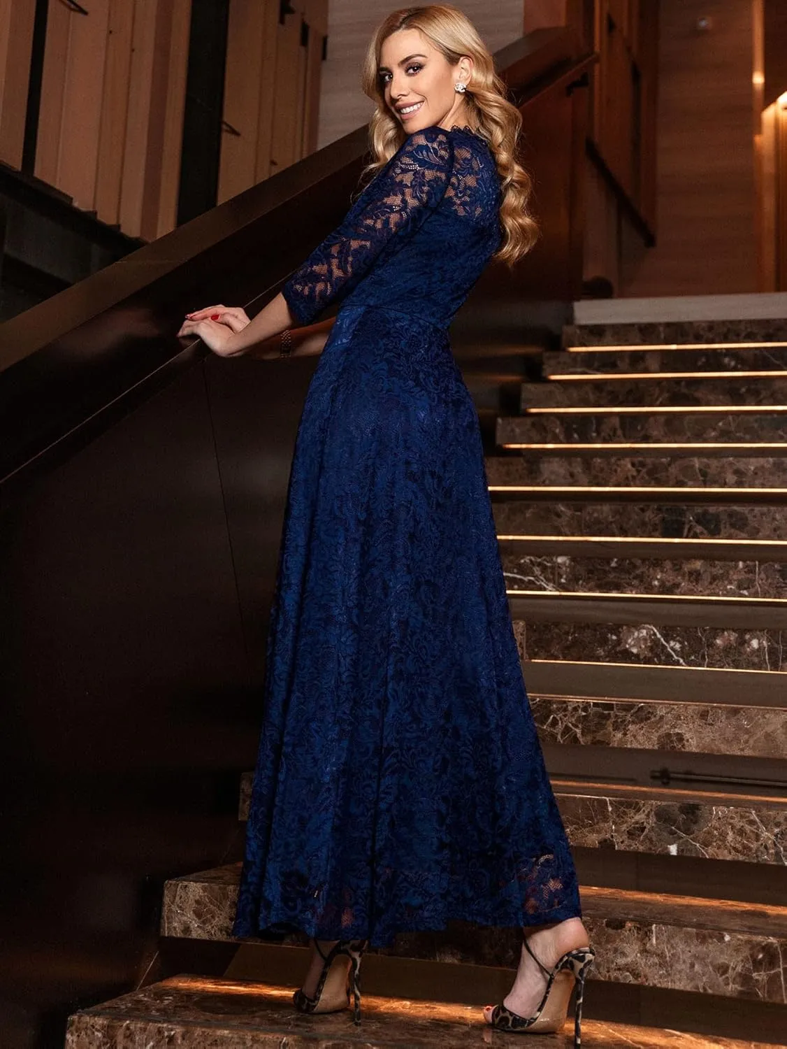 MISSMAY Women's Formal Floral Lace 2/3 Sleeves Bridesmaid Party Maxi Dress