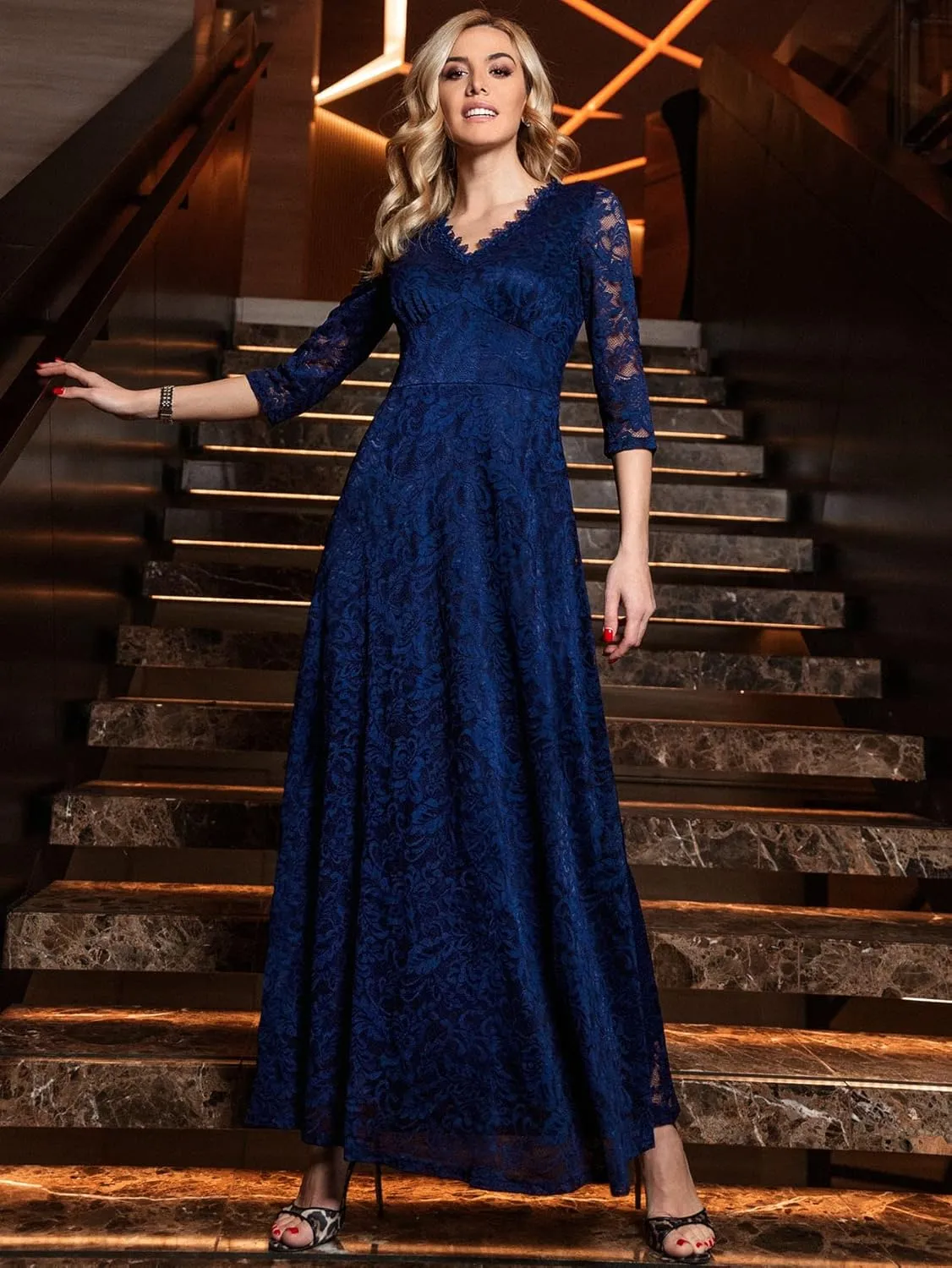 MISSMAY Women's Formal Floral Lace 2/3 Sleeves Bridesmaid Party Maxi Dress