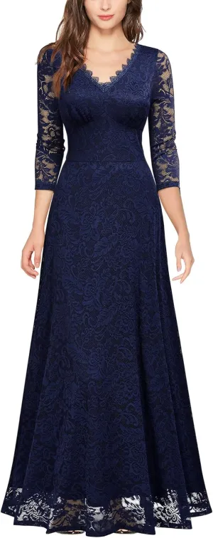 MISSMAY Women's Formal Floral Lace 2/3 Sleeves Bridesmaid Party Maxi Dress