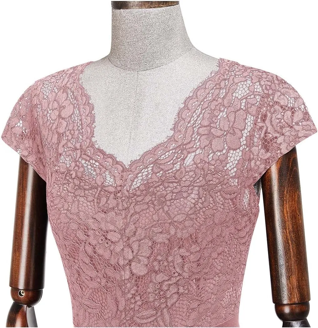 MISSMAY Women's Retro V-Neck Lace Split Style Evening Formal Long Dress