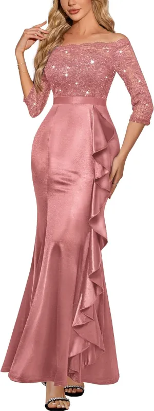 MISSMAY Women's Sexy Off Shoulder Floral Lace Formal Wedding Party Maxi Dress