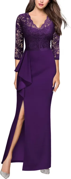 MISSMAY Women's Vintage Floral Lace Ruffle Half Sleeve Evening Party Formal Long Dress